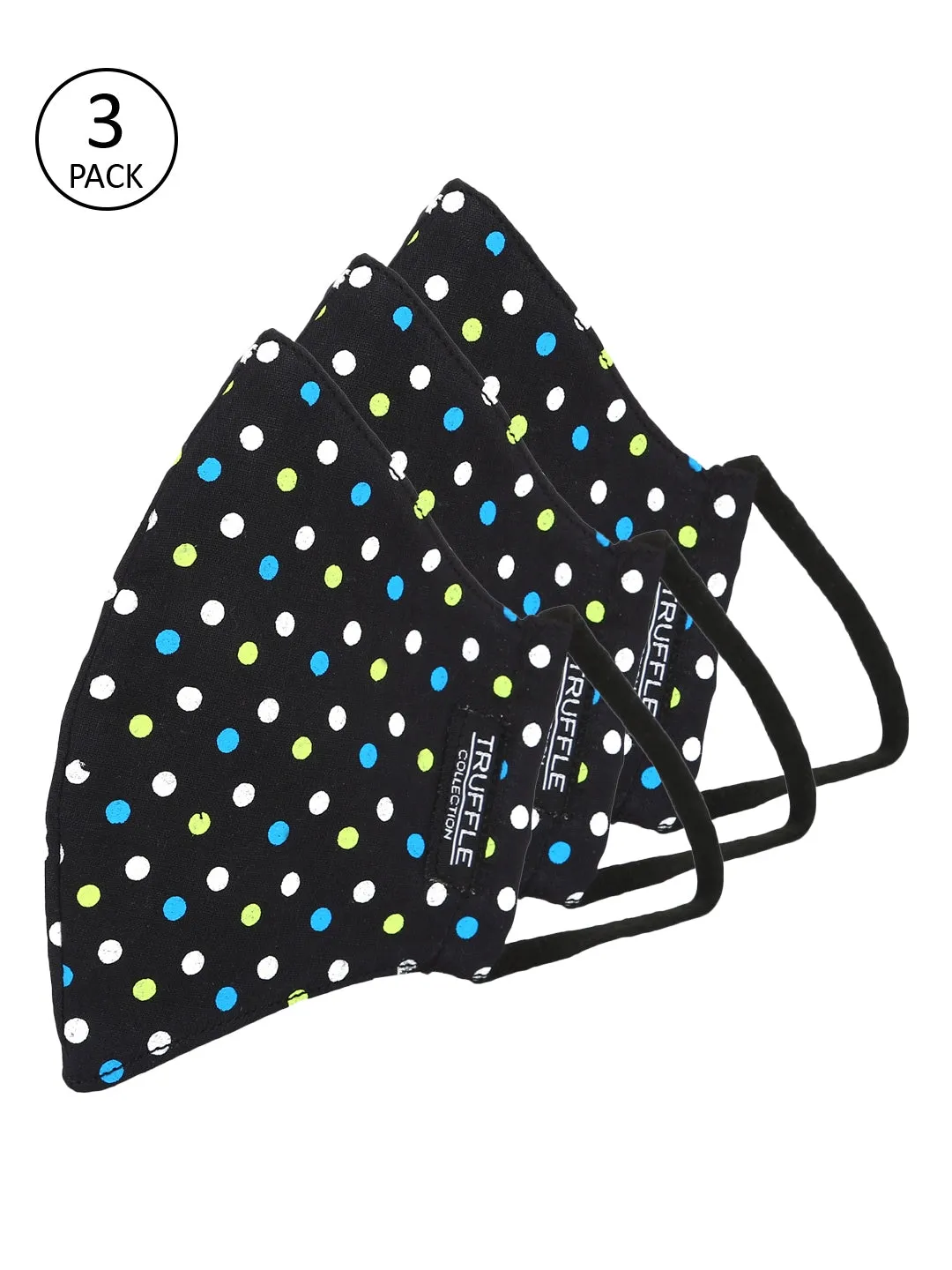 Schwarze Baumwoll-Maske mit weißen Punkten, Unisex, Pack mit 3 wiederverwendbaren 3-lagigen Outdoor-Masken