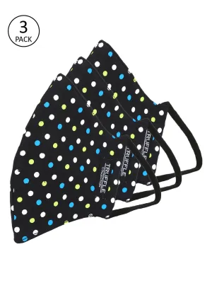 Schwarze Baumwoll-Maske mit weißen Punkten, Unisex, Pack mit 3 wiederverwendbaren 3-lagigen Outdoor-Masken