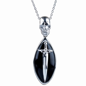 Black Agate Skull Rhodium Pendant 