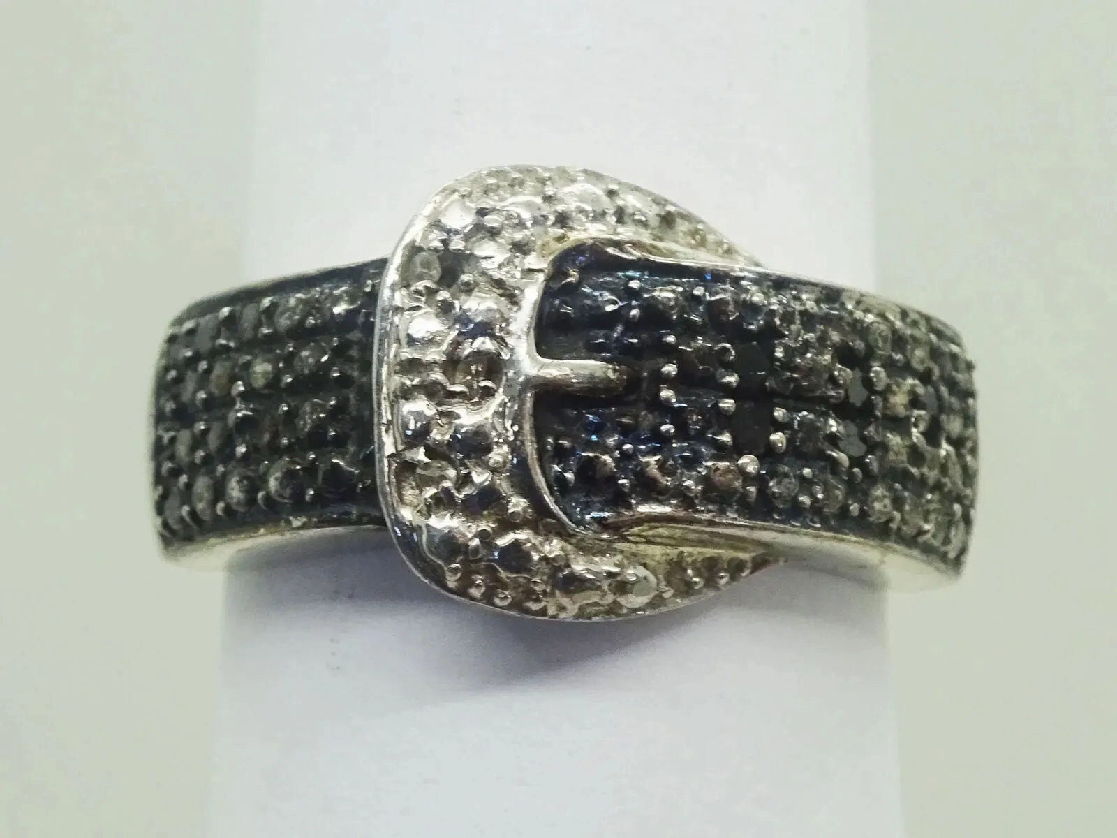 Black &amp; White Stones Buckle Ring Sterling Silver Size 7