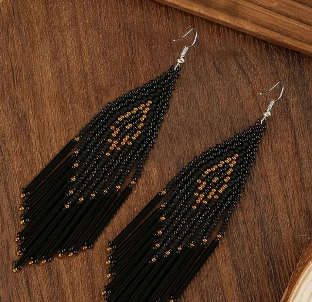 Black Beaded Tassel Earrings texture-rose-gold  
