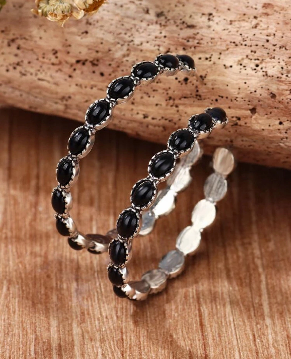 Black Stone Hoop Earrings texture-rose-gold  