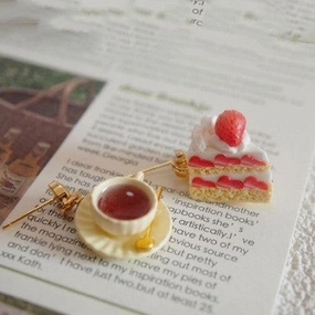 Black Tea With Strawberry Triangle Cake Handmade Miniature Food Play Earrings 