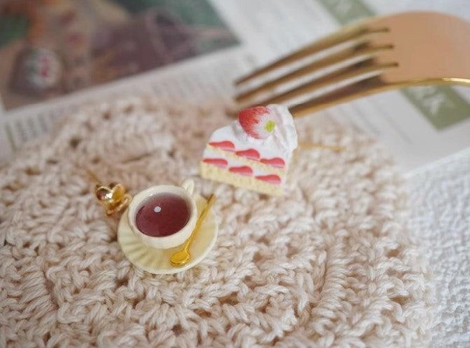 Black Tea With Strawberry Triangle Cake Handmade Miniature Food Play Earrings