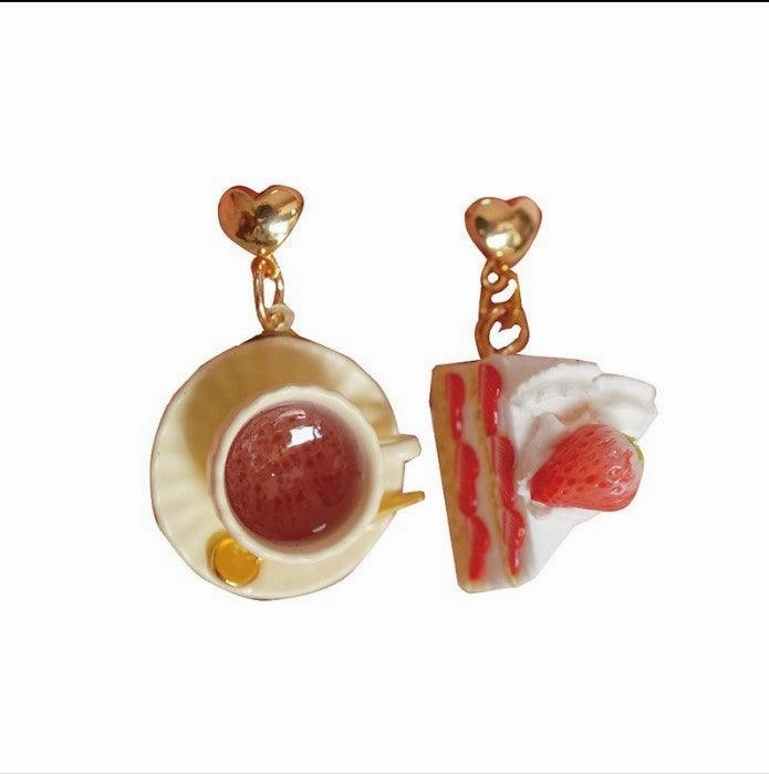 Black Tea With Strawberry Triangle Cake Handmade Miniature Food Play Earrings