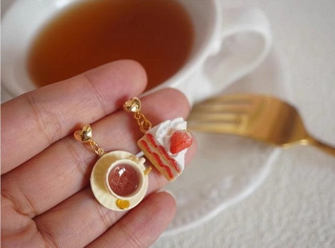 Black Tea With Strawberry Triangle Cake Handmade Miniature Food Play Earrings