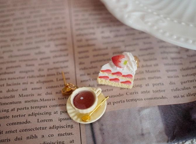 Black Tea With Strawberry Triangle Cake Handmade Miniature Food Play Earrings