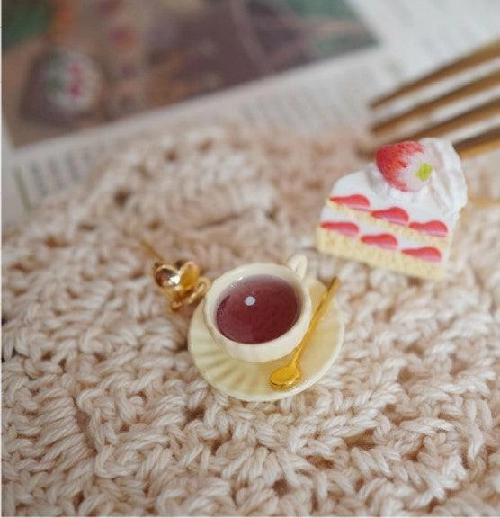 Black Tea With Strawberry Triangle Cake Handmade Miniature Food Play Earrings
