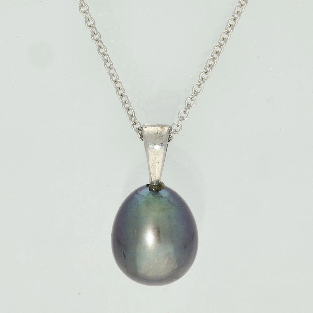 Black Teardrop Freshwater Pearl Silver Pendant - Grey