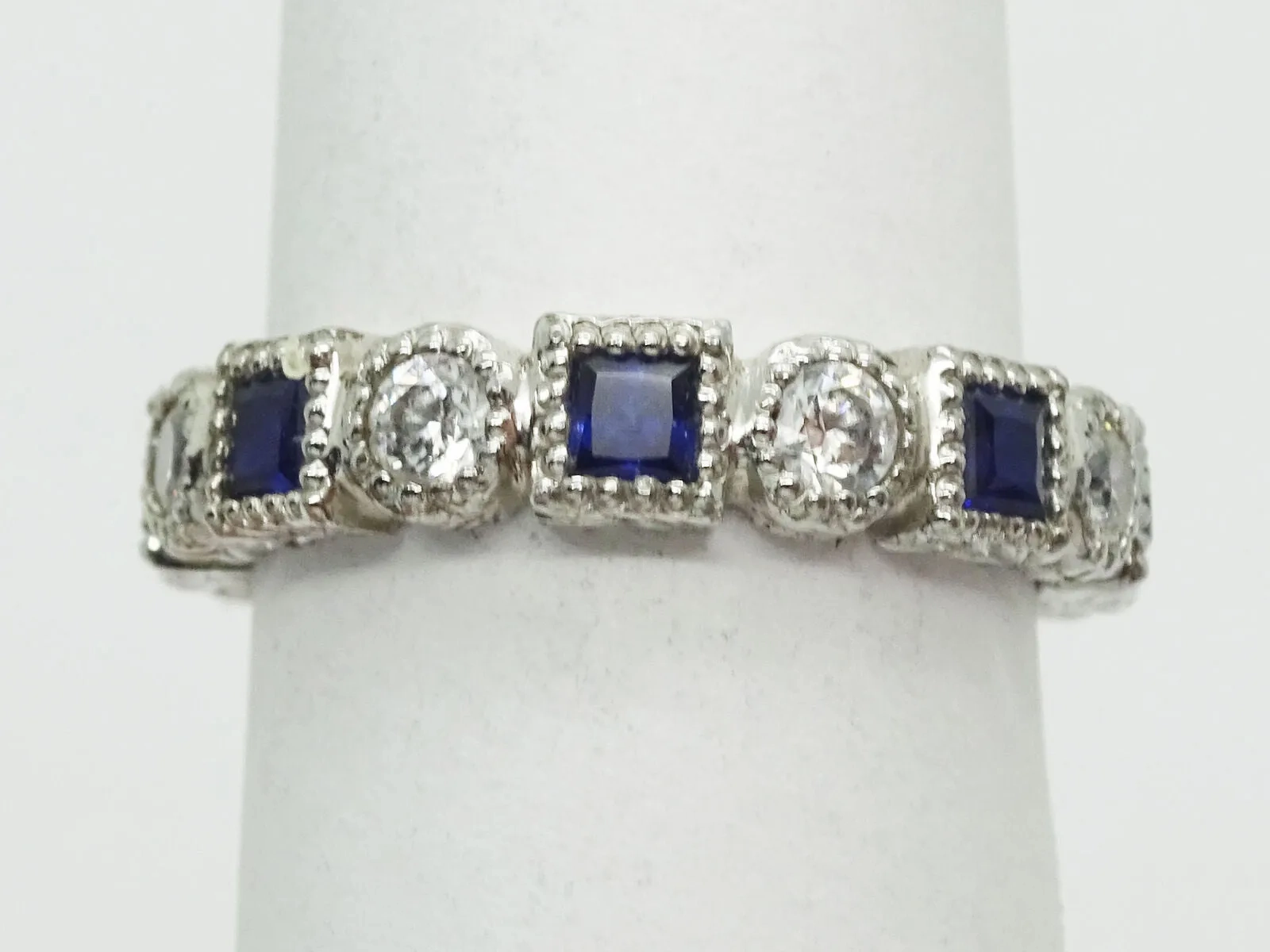 Blue Sapphire &amp; CZ Sterling Silver Eternity Band Ring Size 6