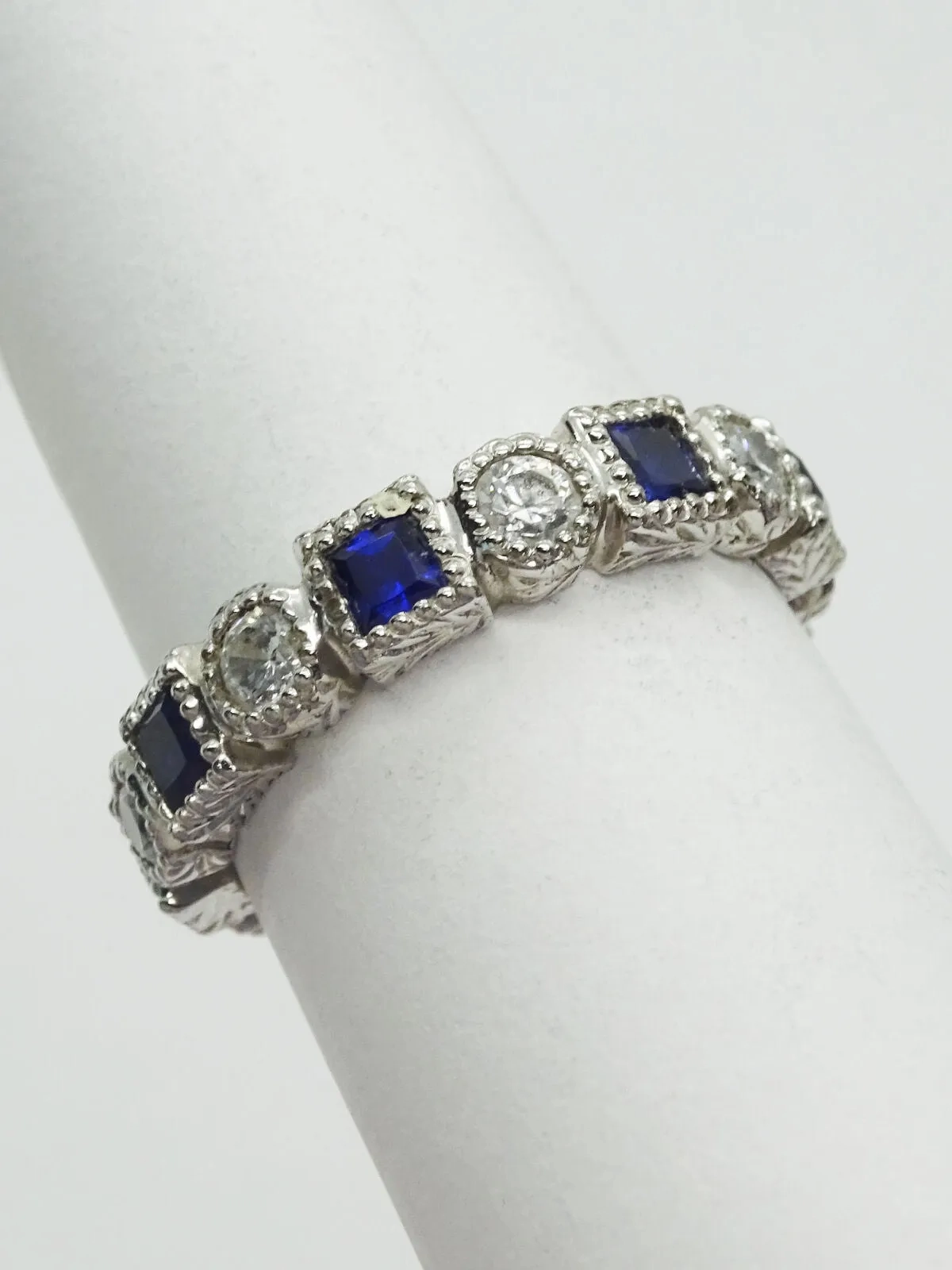 Blue Sapphire &amp; CZ Sterling Silver Eternity Band Ring Size 6