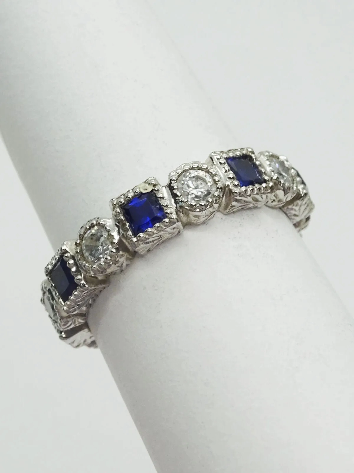 Blue Sapphire &amp; CZ Sterling Silver Eternity Band Ring Size 6