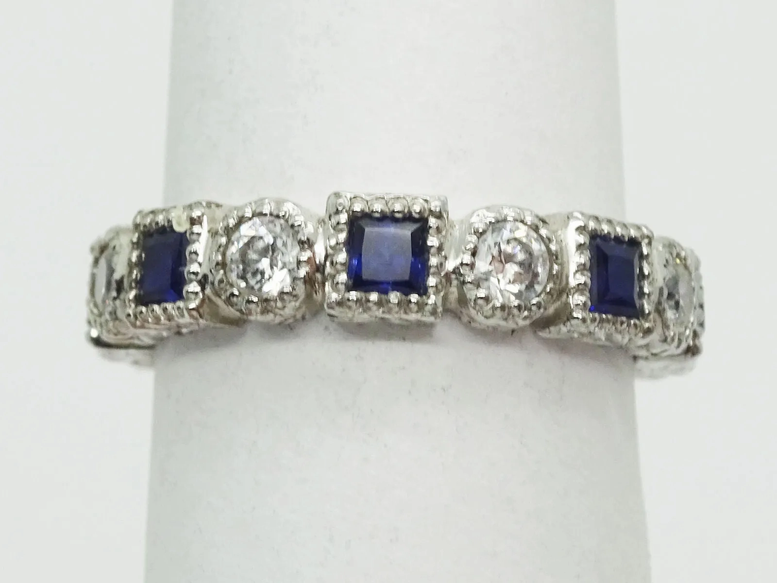 Blue Sapphire &amp; CZ Sterling Silver Eternity Band Ring Size 6