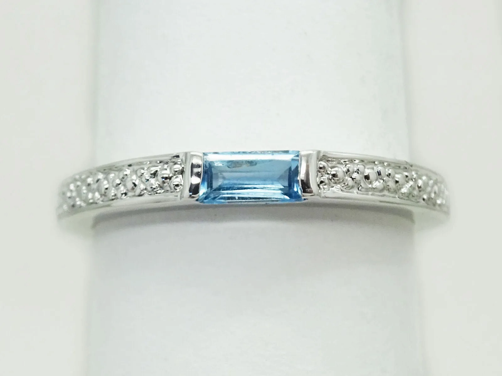 Blue Topaz Baguette Thin Stackable Band Ring Size 7.5 Rhodium Plated