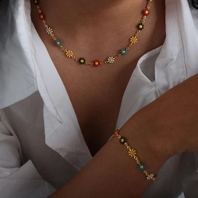 Bohemian Flower Stainless Steel Jewelry Set - Colorful Necklace and Bracelet Combo for Women 