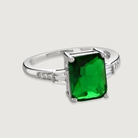 Buckley London Emerald Baguette With Tapered Baguette Shoulders Ring Rhodium Small fashion-jewelry  