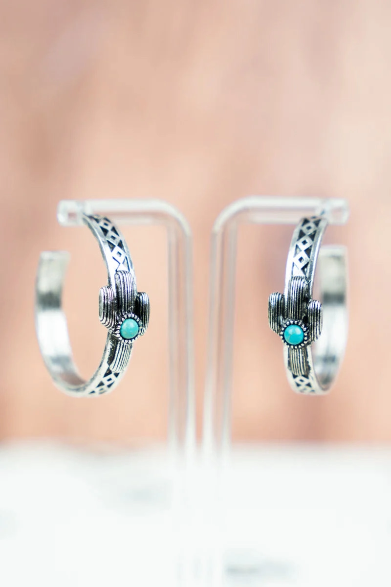 Calhan Cactus Turquoise Silvertone Hoop Earrings texture-rose-gold  