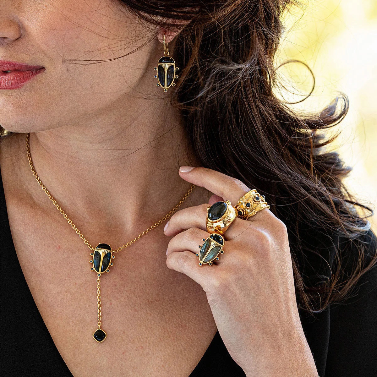CAPUCINE DE WULF - SCARAB PETITE DROP BLUE LABRADORITE/BLACK AGATE EARRINGS