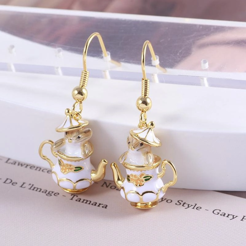 Cartoon Funny Tea Cup Cute Mouse Earrings 