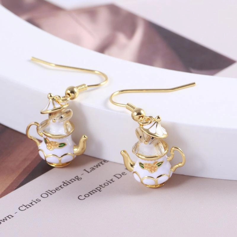 Cartoon Funny Tea Cup Cute Mouse Earrings