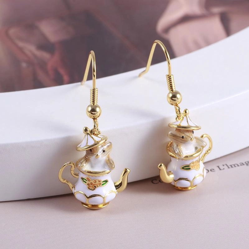 Cartoon Funny Tea Cup Cute Mouse Earrings