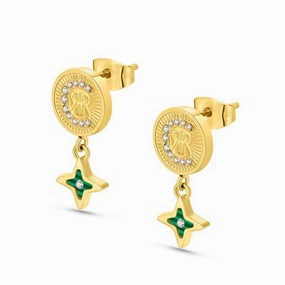 Cerruti Sole Luna Ladies Gold Plated Earrings With Malachite Stone & Crystals 