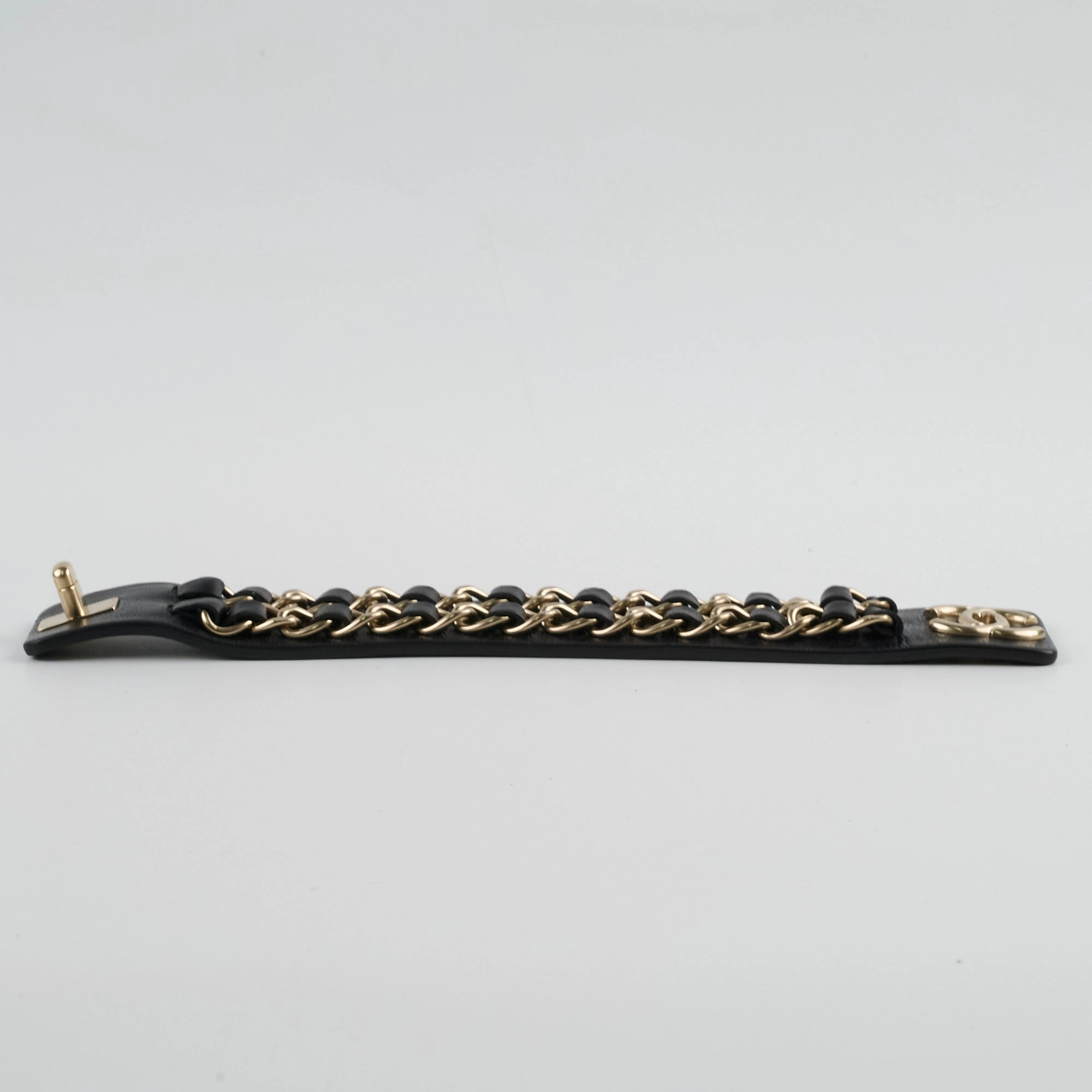 Chanel Black Leather Chain Bracelet Size L