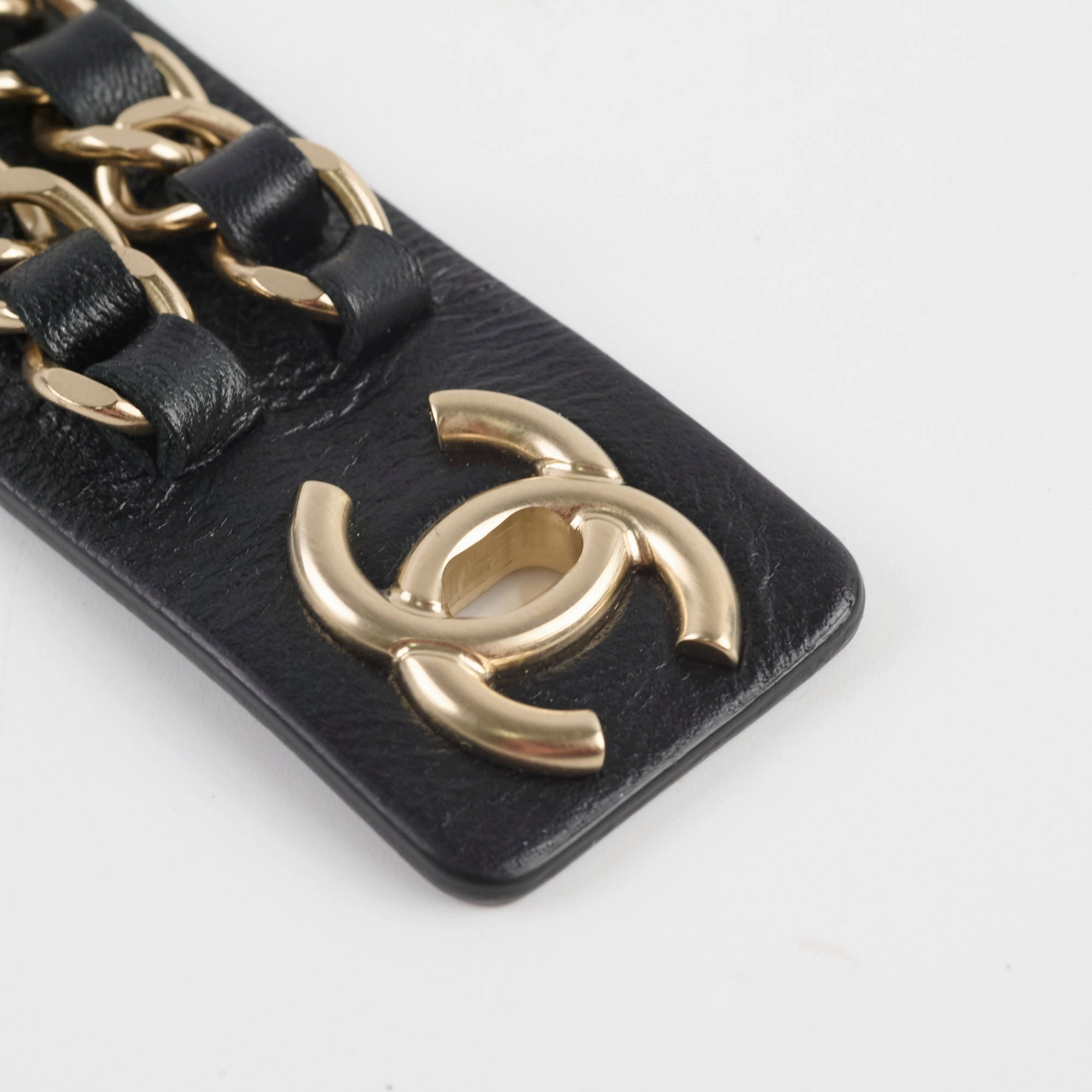 Chanel Black Leather Chain Bracelet Size L