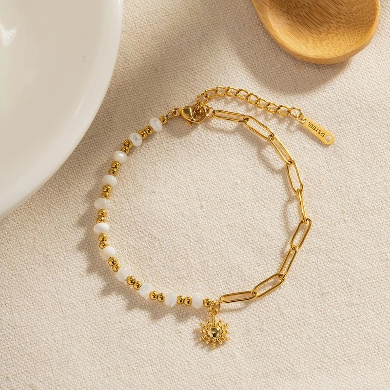 Chic Stainless Steel Sun Pendant Beaded Bracelet for Women 