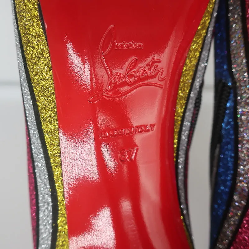 Christian Louboutin So Kate 100 Stiefeletten Multi Streifen Glitzer Größe 37 NEU