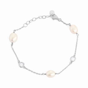 Classic Women's Bracelet - Silver Bezel Set White CZ and Freshwater Pearl | T-7269 suit-set  