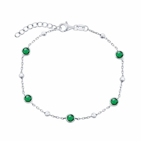 Classic Women's Bracelet - Sterling Silver Bezel-Set Emerald CZ and Beads | T-8083 suit-set  