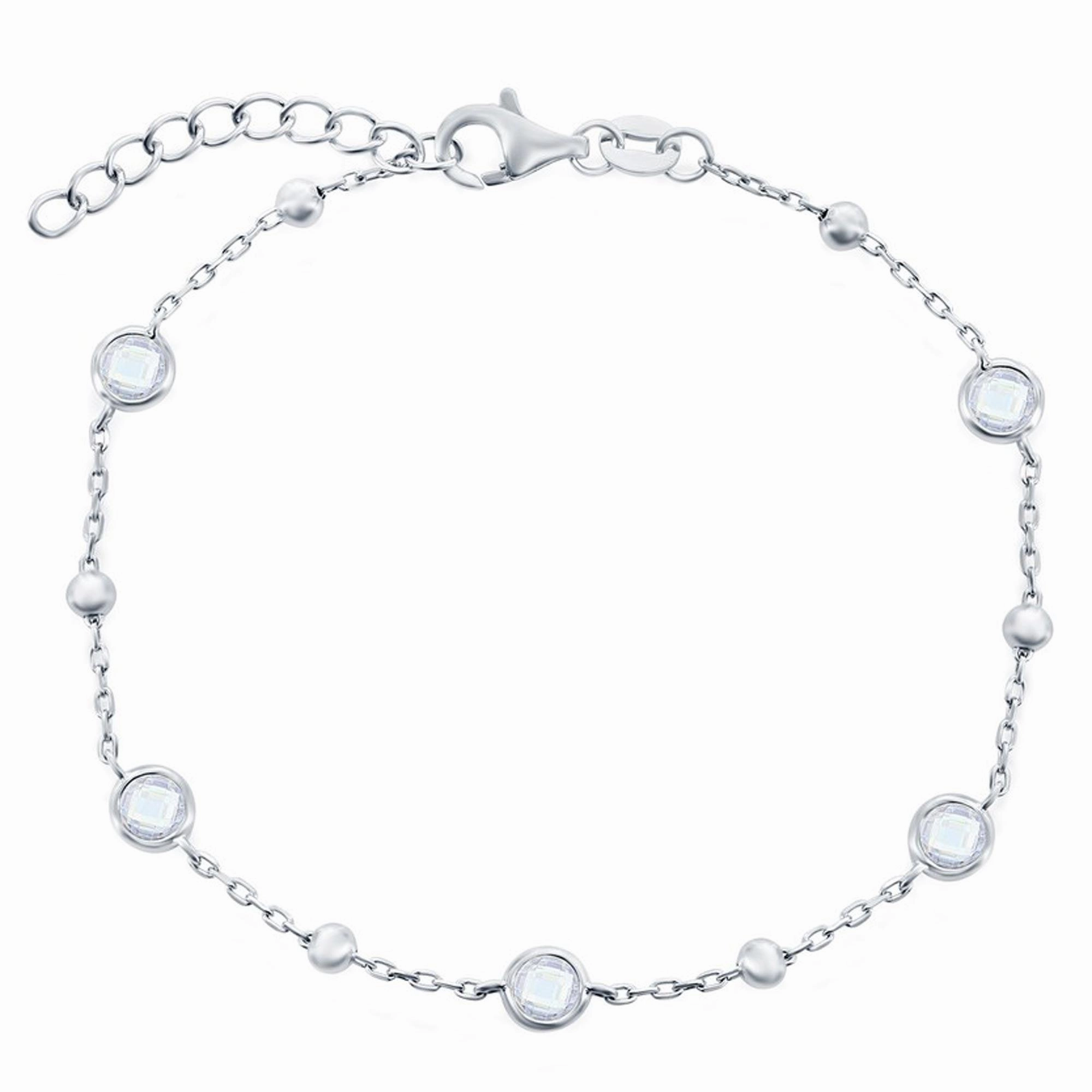 Classic Women's Bracelet - Sterling Silver Bezel-Set White CZ and Beads | T-8082 suit-set  