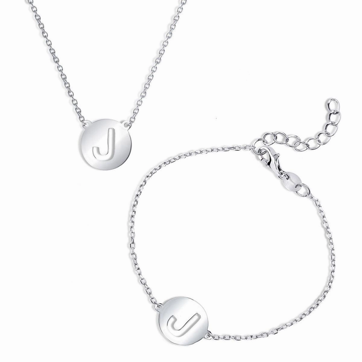 Classic Women's Bracelet and Necklace Set - Cut-Out Shiny J Disc Initial | SET-509 suit-set  