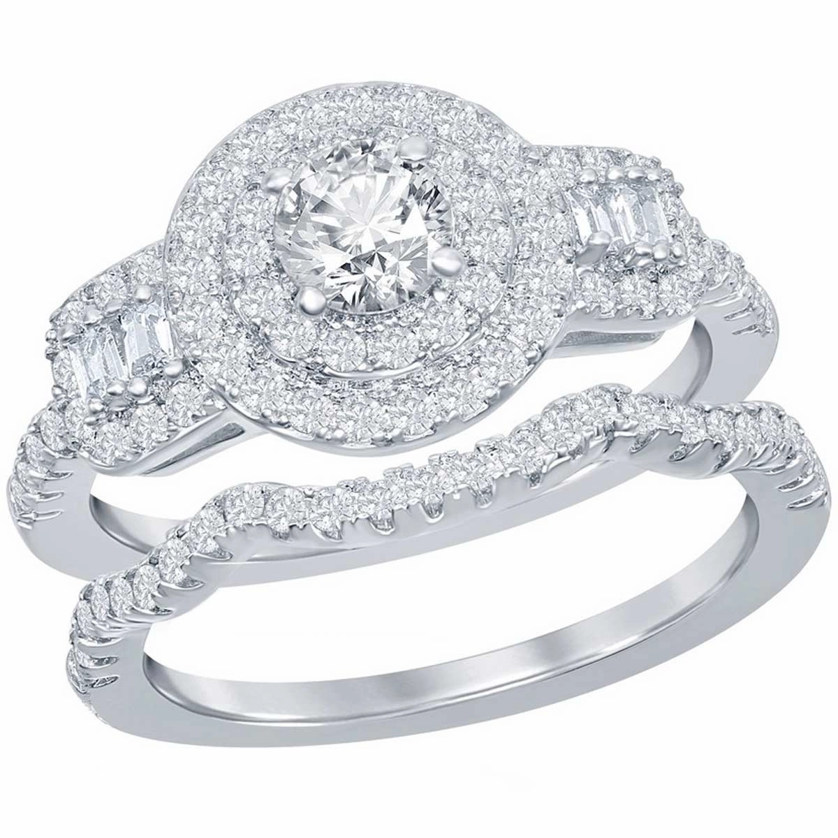 Classic Women's Double Halo White CZ Ring Set - W-2407