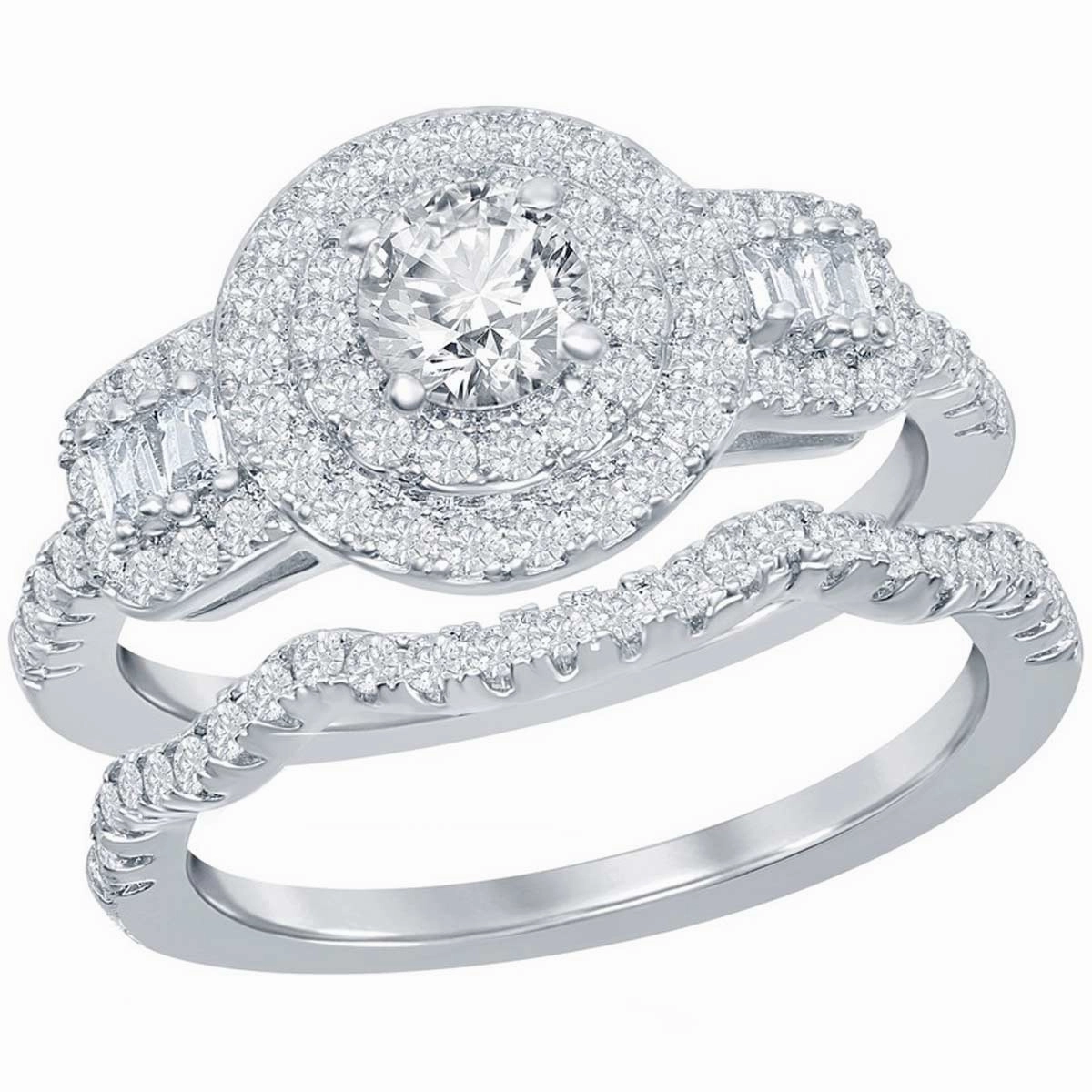 Classic Women's Double Halo White CZ Ring Set - W-2407