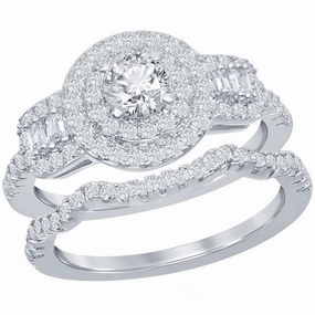 Classic Women's Double Halo White CZ Ring Set - W-2407 suit-set  