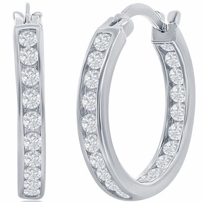 Classic Women's Earrings - Silver 20mm Inside Outside Channel Set CZ Hoop | D-3494 suit-set  