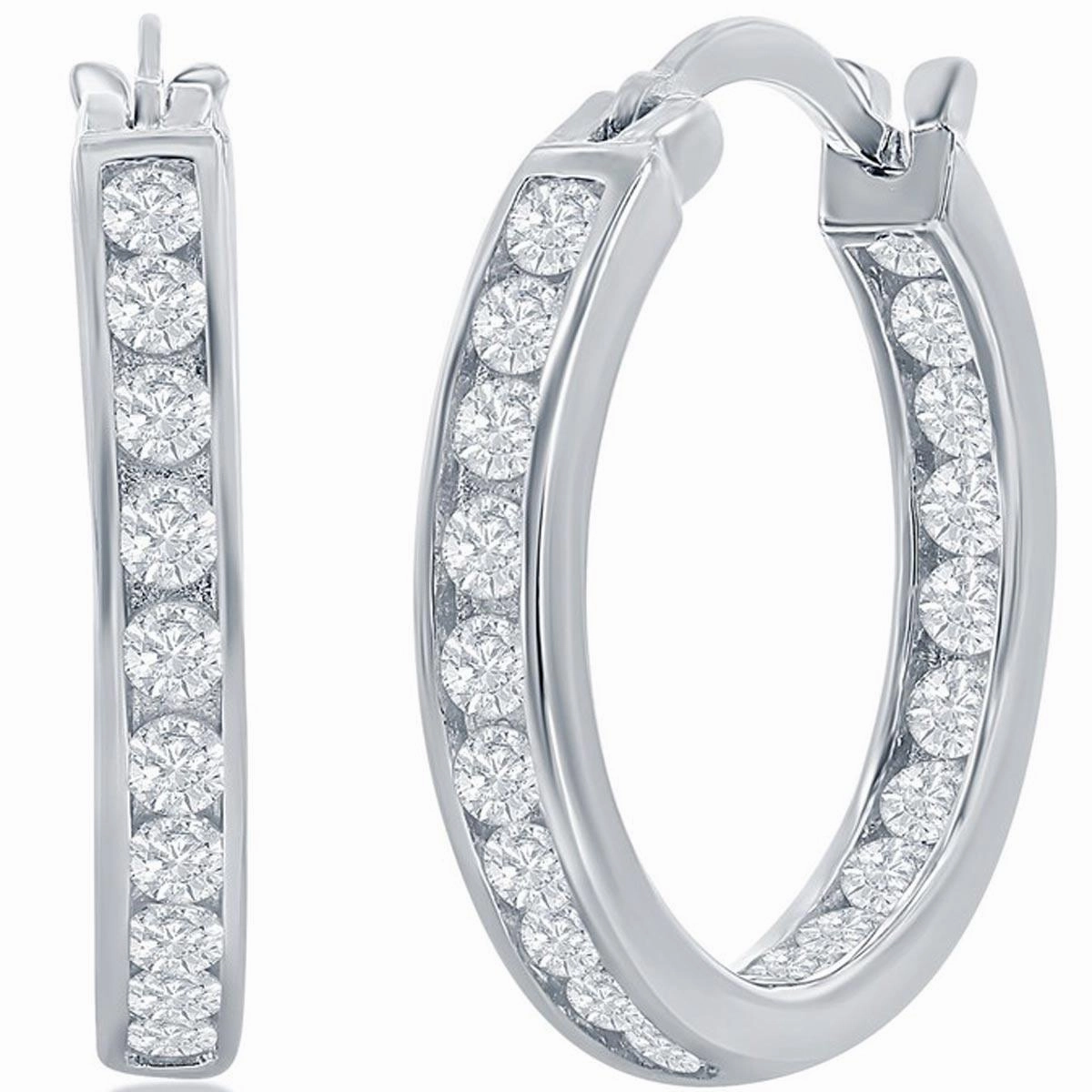 Classic Women's Earrings - Silver 20mm Inside Outside Channel Set CZ Hoop | D-3494 suit-set  