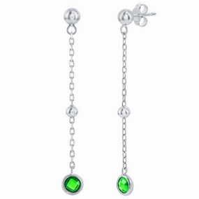 Classic Women's Earrings - Sterling Emerald Bezel-Set CZ and Bead Chain | D-8375 suit-set  