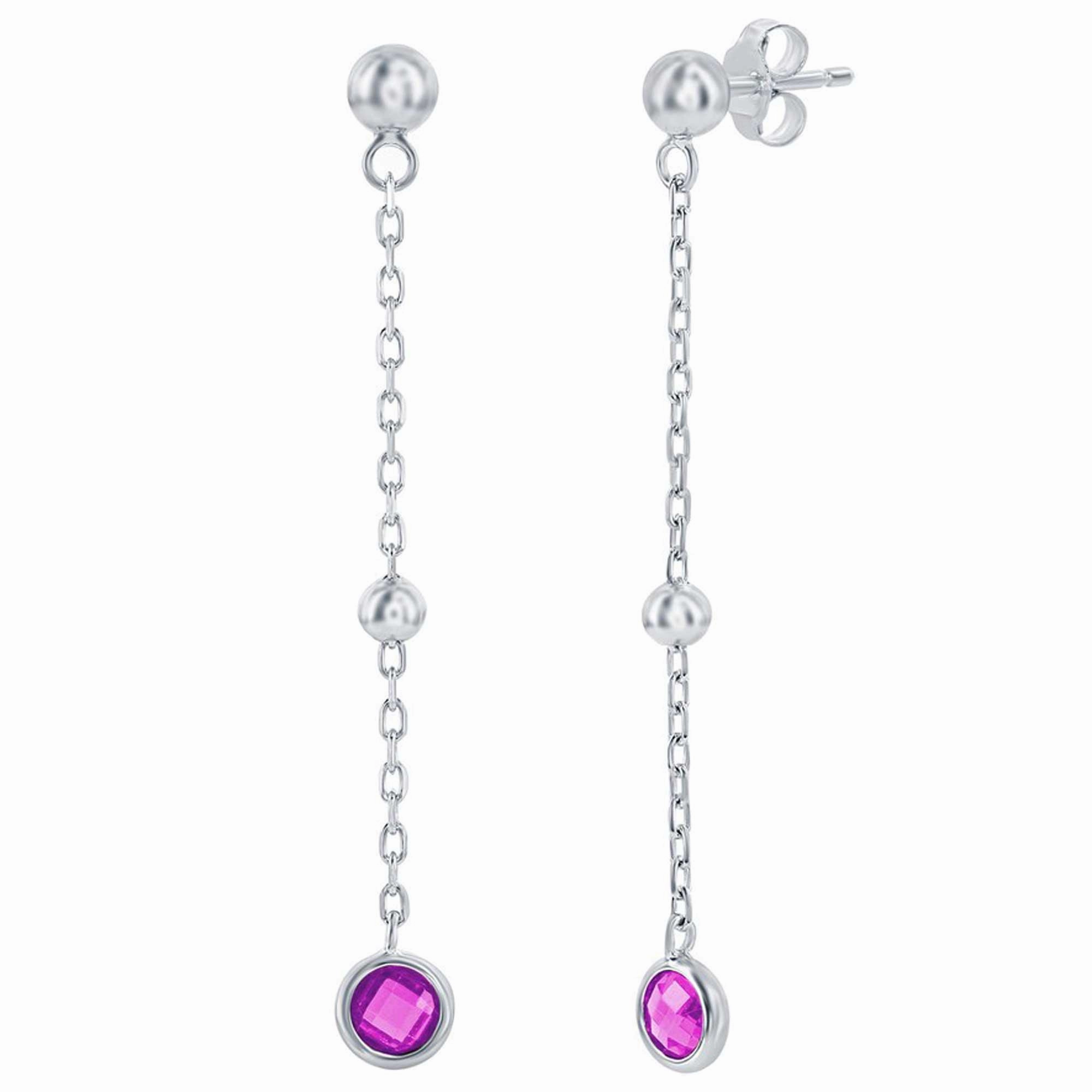 Classic Women's Earrings - Sterling Silver Ruby Bezel-Set CZ and Bead Chain | D-8377 suit-set  