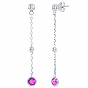 Classic Women's Earrings - Sterling Silver Ruby Bezel-Set CZ and Bead Chain | D-8377 suit-set  