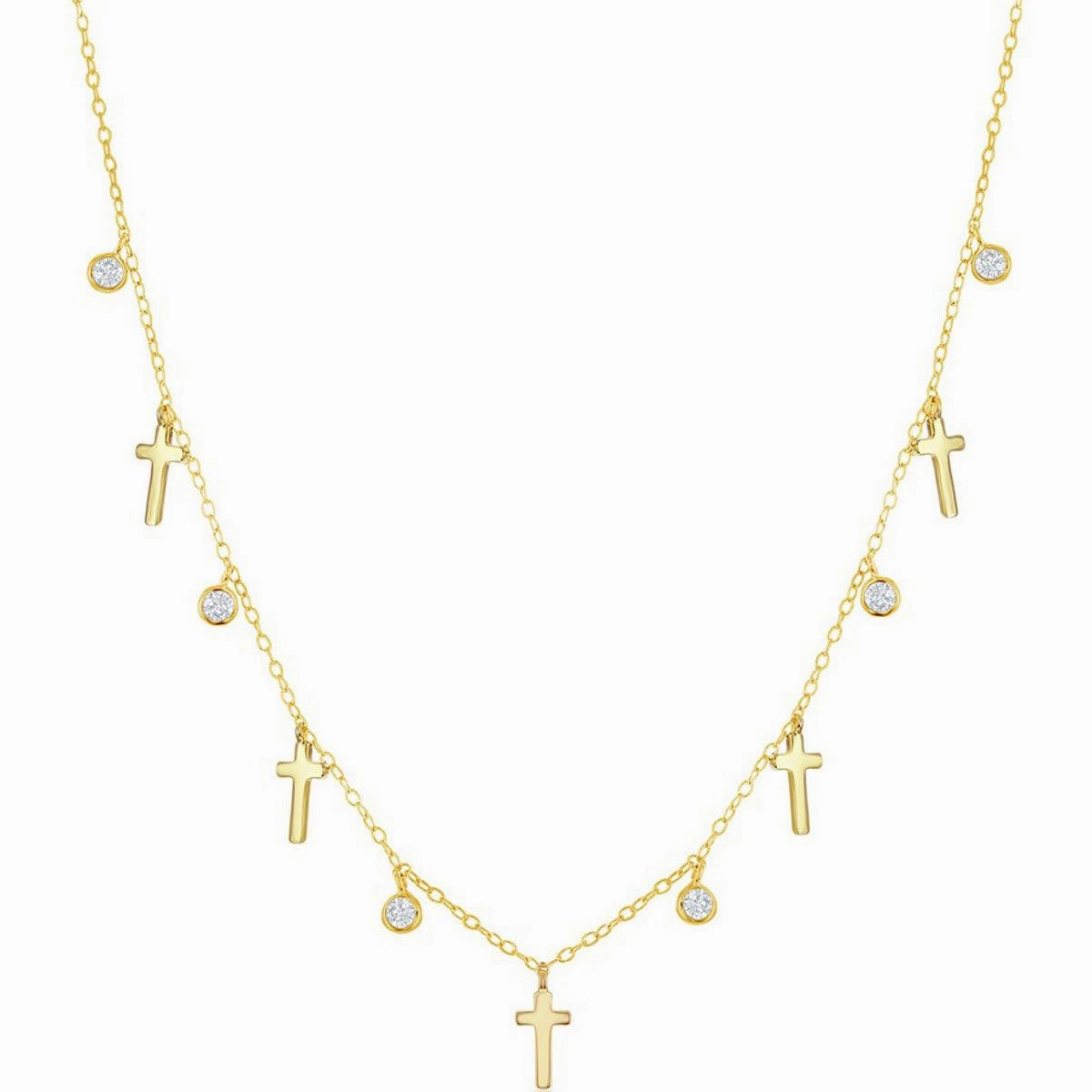Classic Women's Necklace - Alternating GP Cross and Bezel-Set CZ | M-6802-GP suit-set  