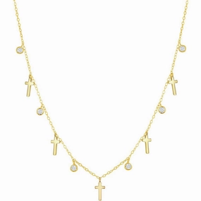 Classic Women's Necklace - Alternating GP Cross and Bezel-Set CZ | M-6802-GP suit-set  