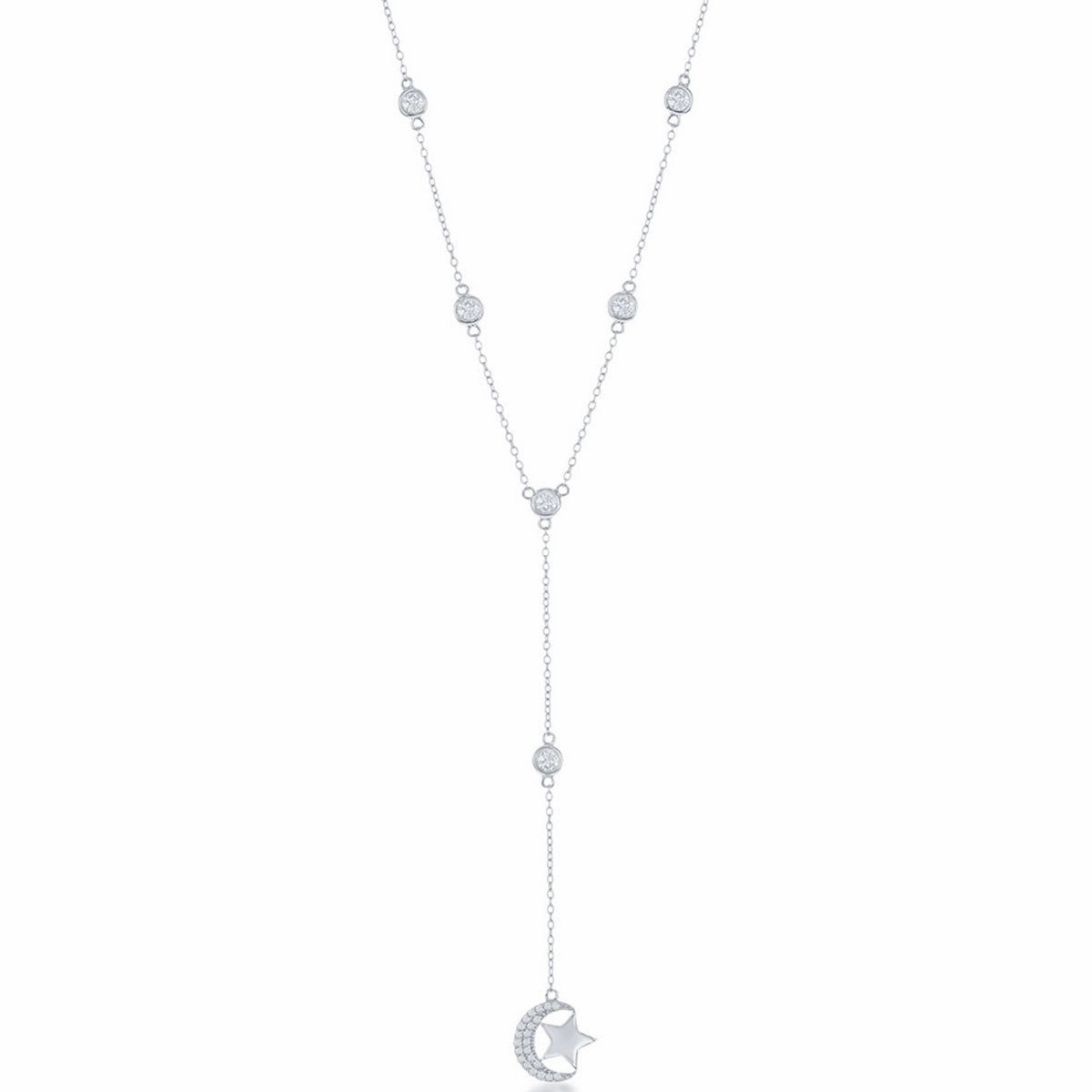 Classic Women's Necklace - Silver Bezel-Set CZ By the Yard Moon and Star | M-6651 suit-set  