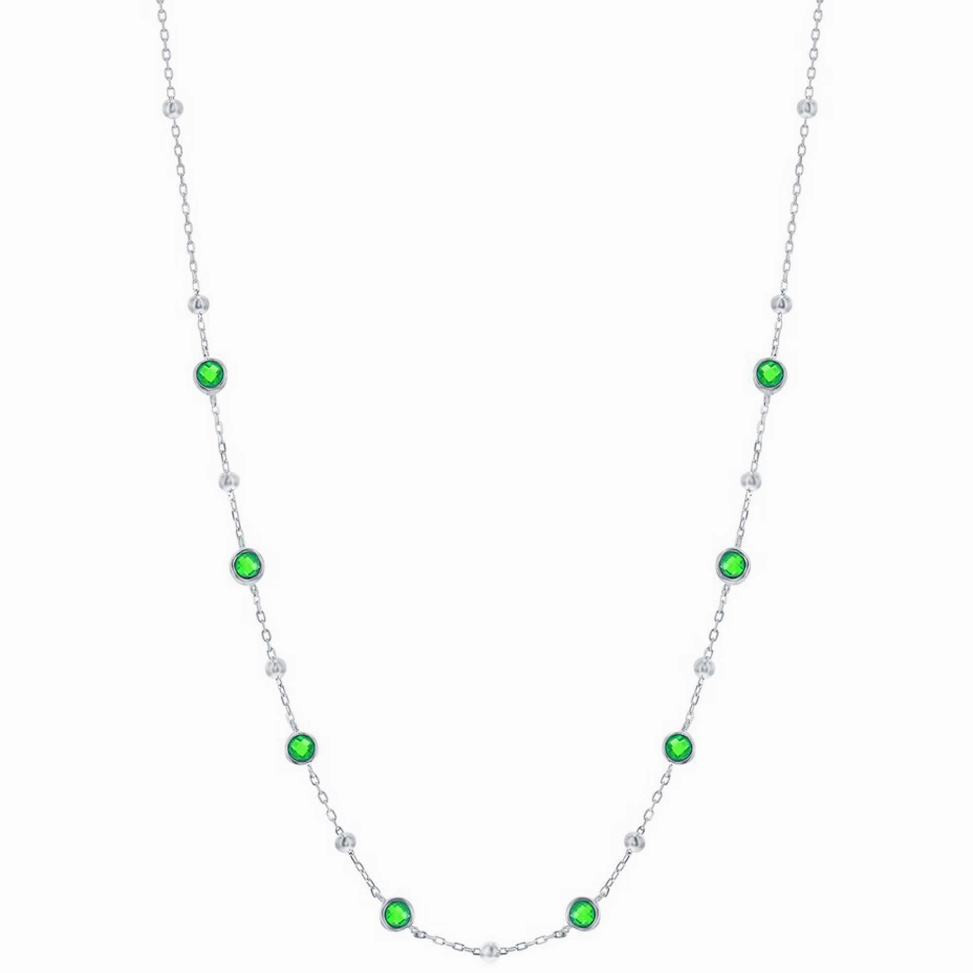 Classic Women's Necklace - Silver Bezel Set Emerald CZ and Bead Station | M-7074-16 suit-set  