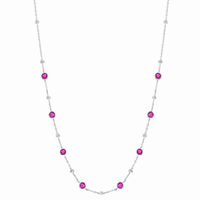Classic Women's Necklace - Silver Bezel Set Ruby CZ and Bead Station | M-7076-16 suit-set  