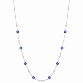 Classic Women's Necklace - Silver Bezel Set Sapphire CZ and Bead Station | M-7075-16 suit-set  
