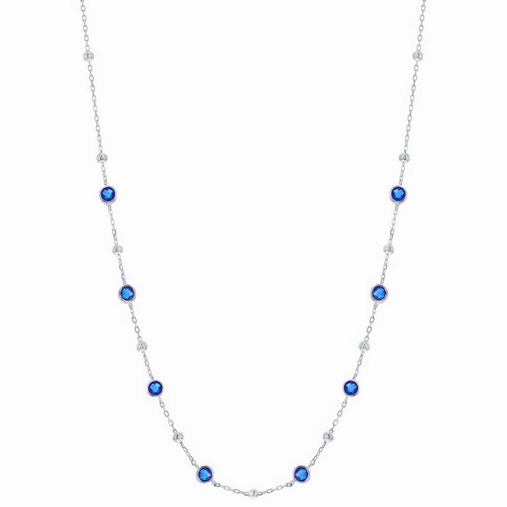Classic Women's Necklace - Silver Bezel Set Sapphire CZ and Bead Station | M-7075-16 suit-set  