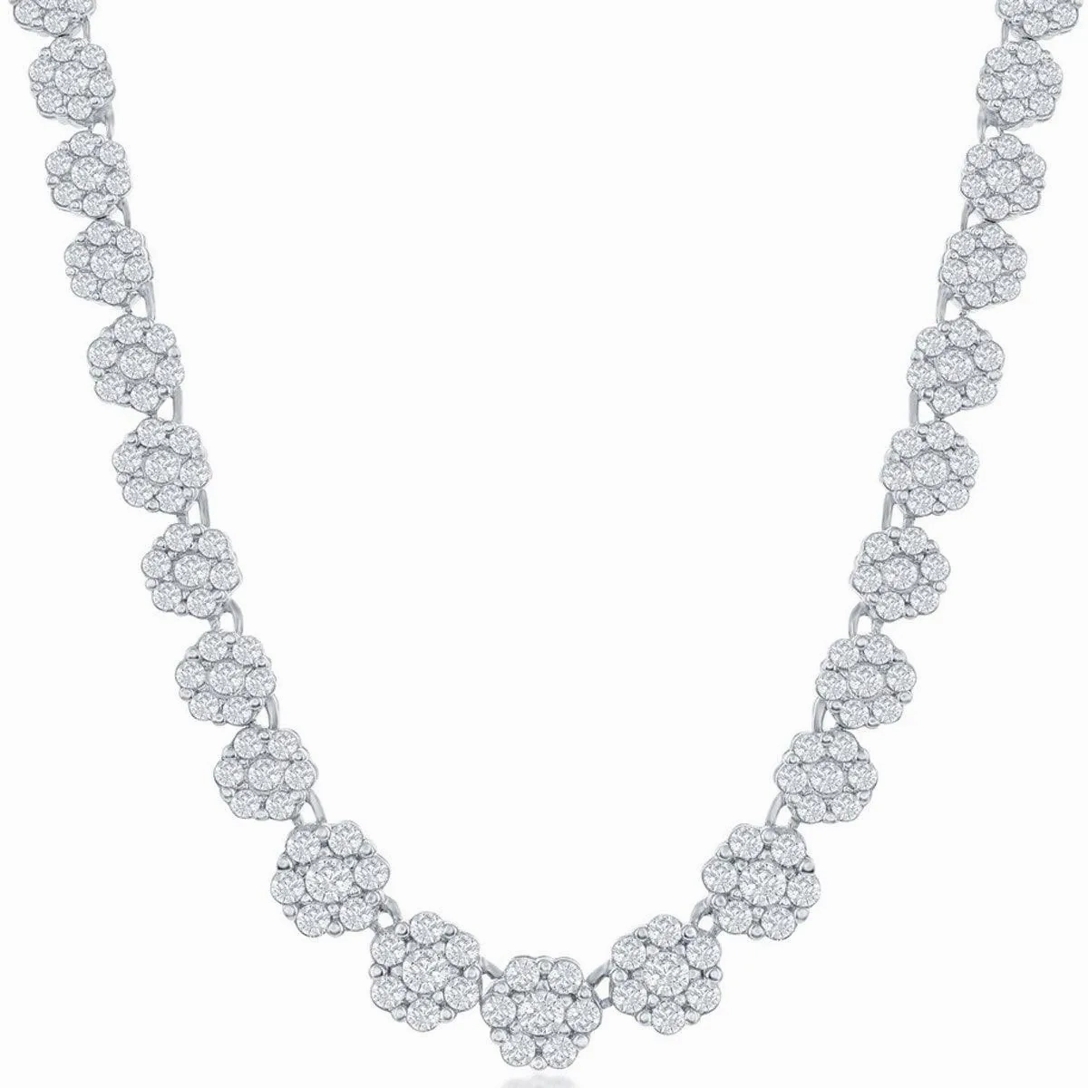 Classic Women's Necklace - Sterling Silver 4mm Graduating Flower CZ Tennis | M-6792